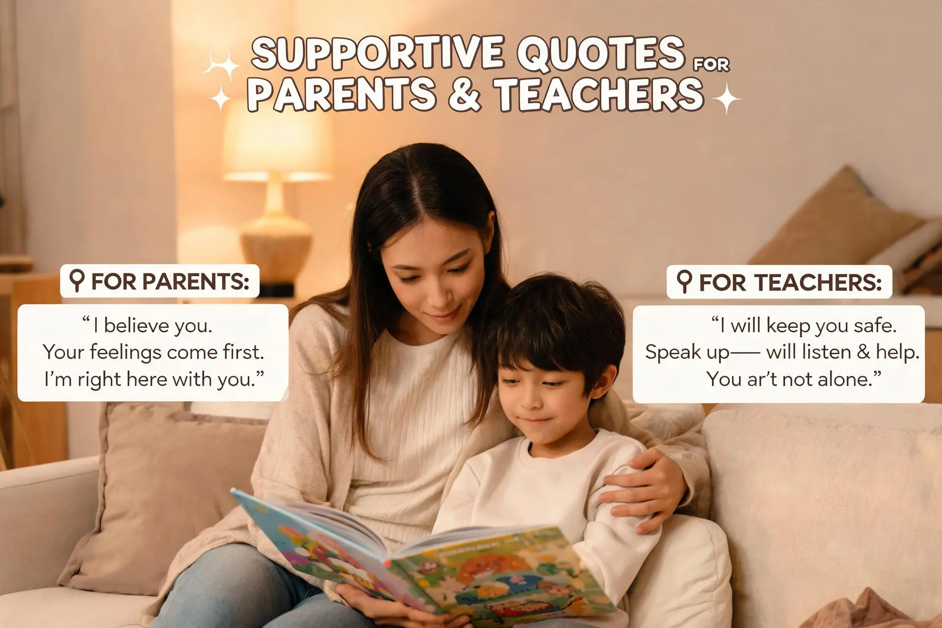 Parent and child reading together, illustrating supportive bullying quotes for parents and teachers