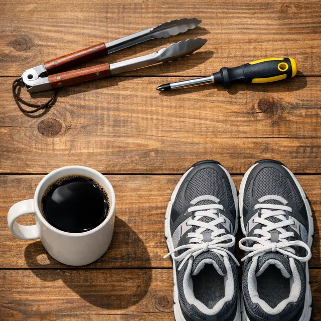 Flat lay of tongs, screwdriver, coffee mug, and sneakers representing funny quotes for grill, garage, gym, and work dads