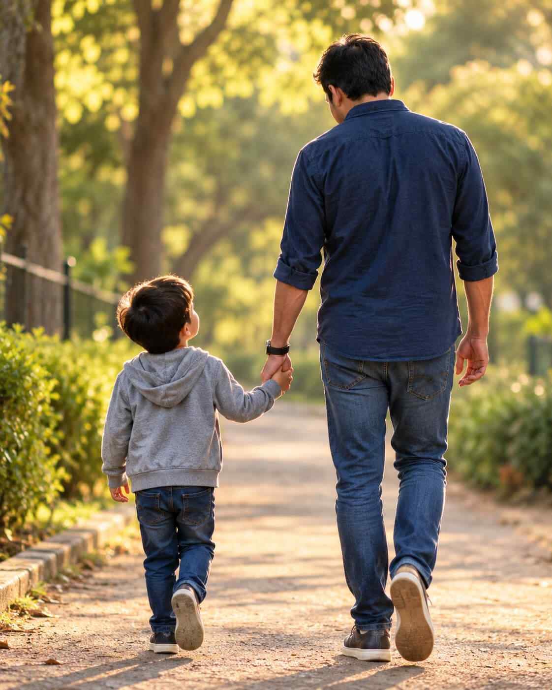 Child holding dad's hand on a walk, representing funny and heartfelt Father's Day quotes from kids