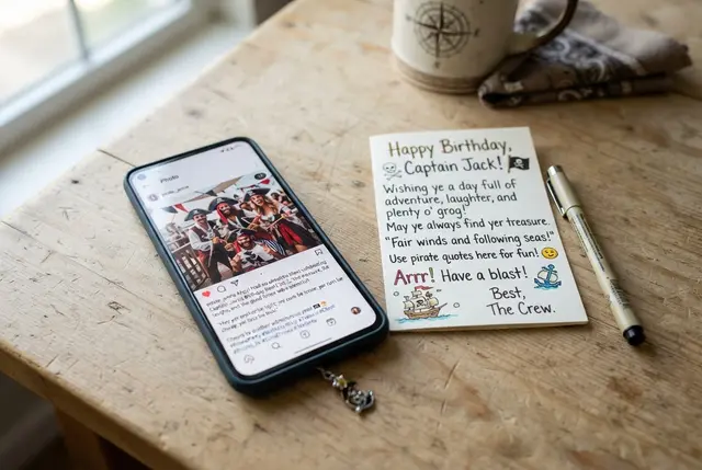 Phone with pirate-themed caption post beside a handwritten card showing where to use pirate quotes