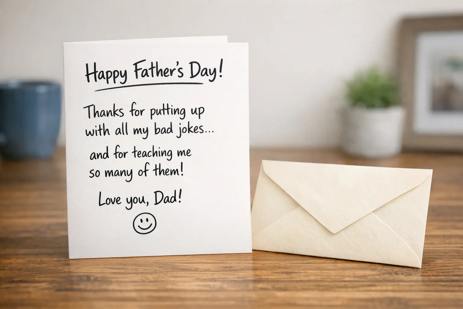 Folded Father's Day card with a handwritten funny message and envelope on a table