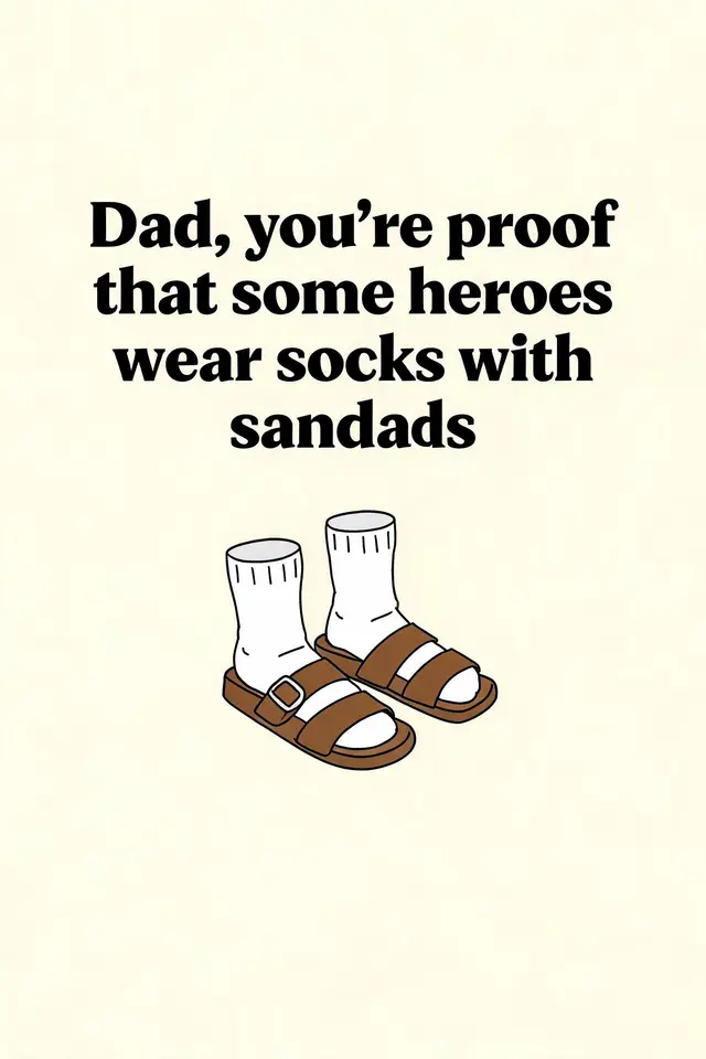 Short funny Father's Day quote about heroes wearing socks with sandals