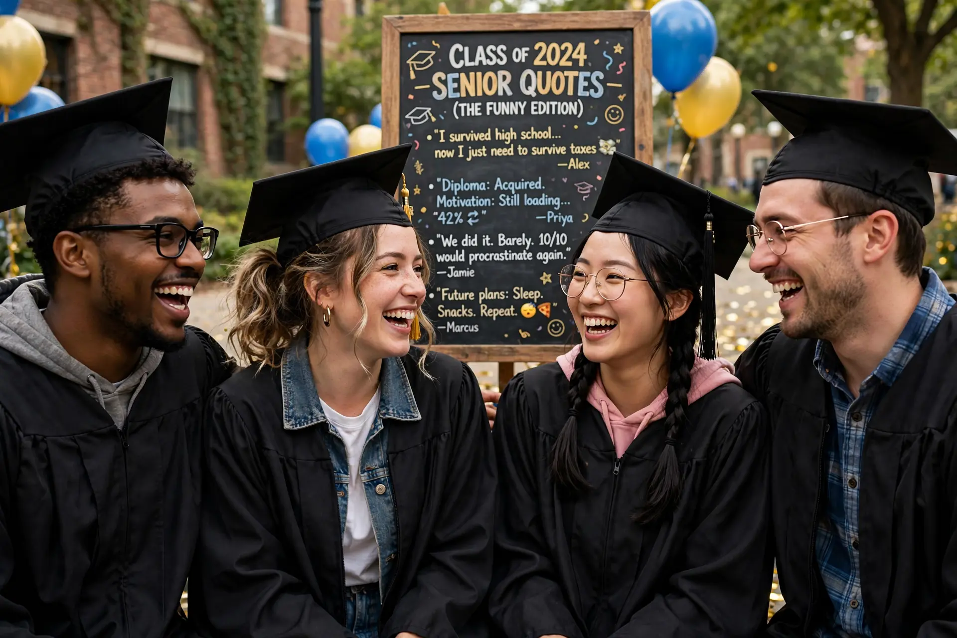 Friends in graduation gowns laughing together with funny high school graduation quotes.