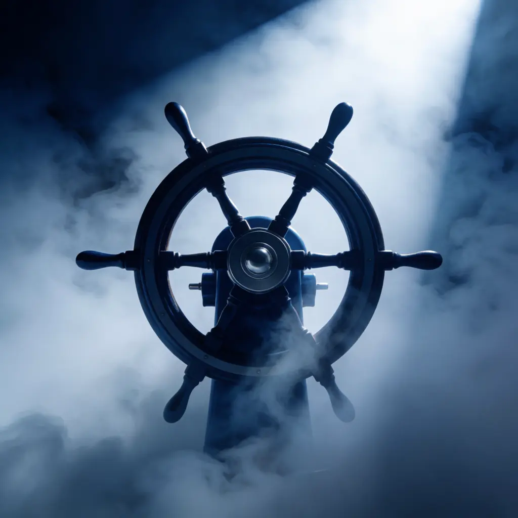 Ship's helm in fog with light breaking through for courage and leadership pirate quotes