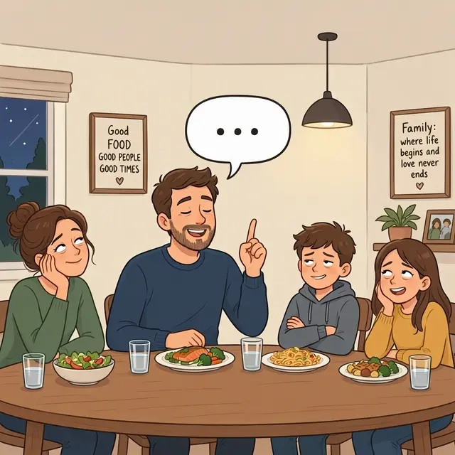 Illustration of a dad telling a joke at the dinner table while the family groans and smiles