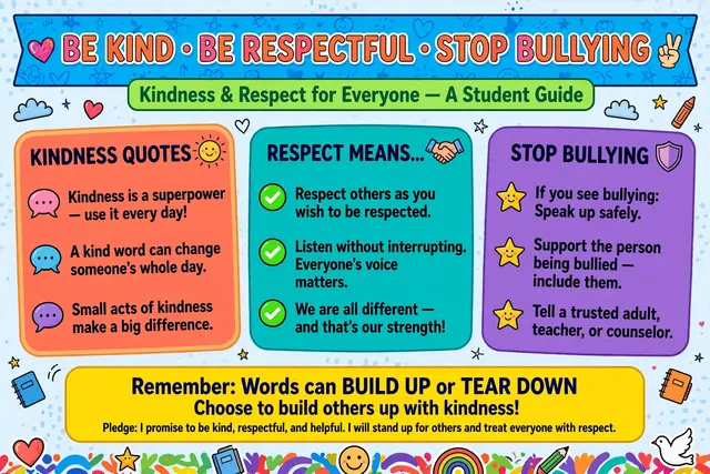 Colorful classroom poster showing bullying quotes for students about kindness and respect