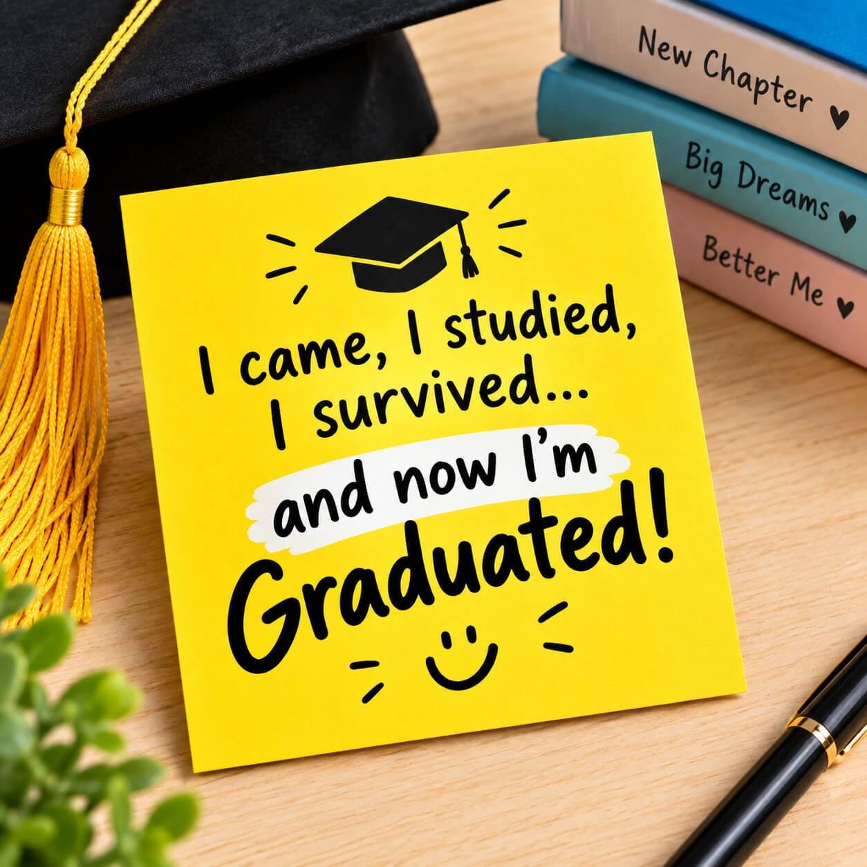 Short funny graduation quotes printed on a bright yellow square card for Instagram."