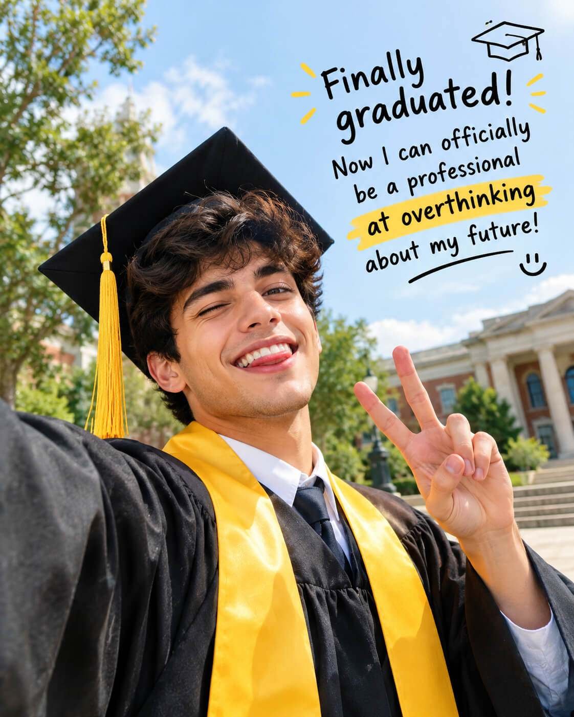 Smiling graduate taking a cap and gown selfie for a funny graduation quotes Instagram post."
