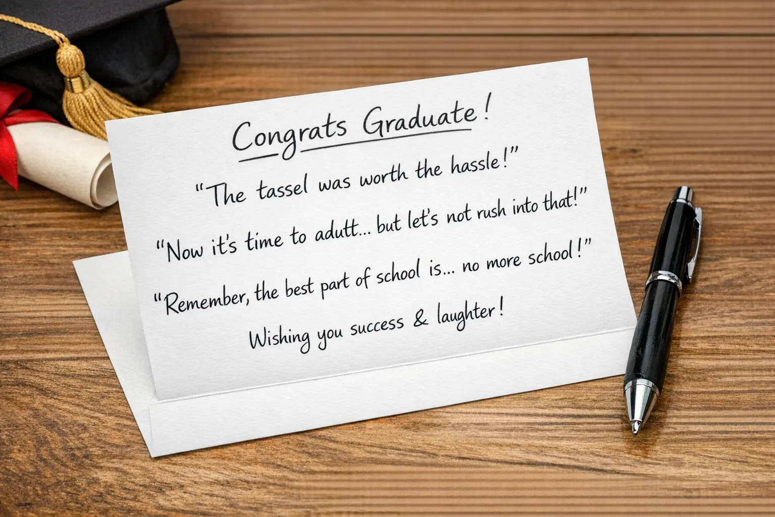 Handwritten graduation card with a funny graduation quotes message and a pen beside it.