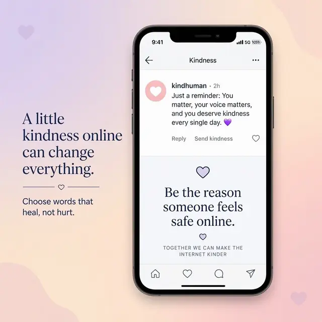 Phone screen showing a kind comment and one of our cyberbullying quotes about online kindness