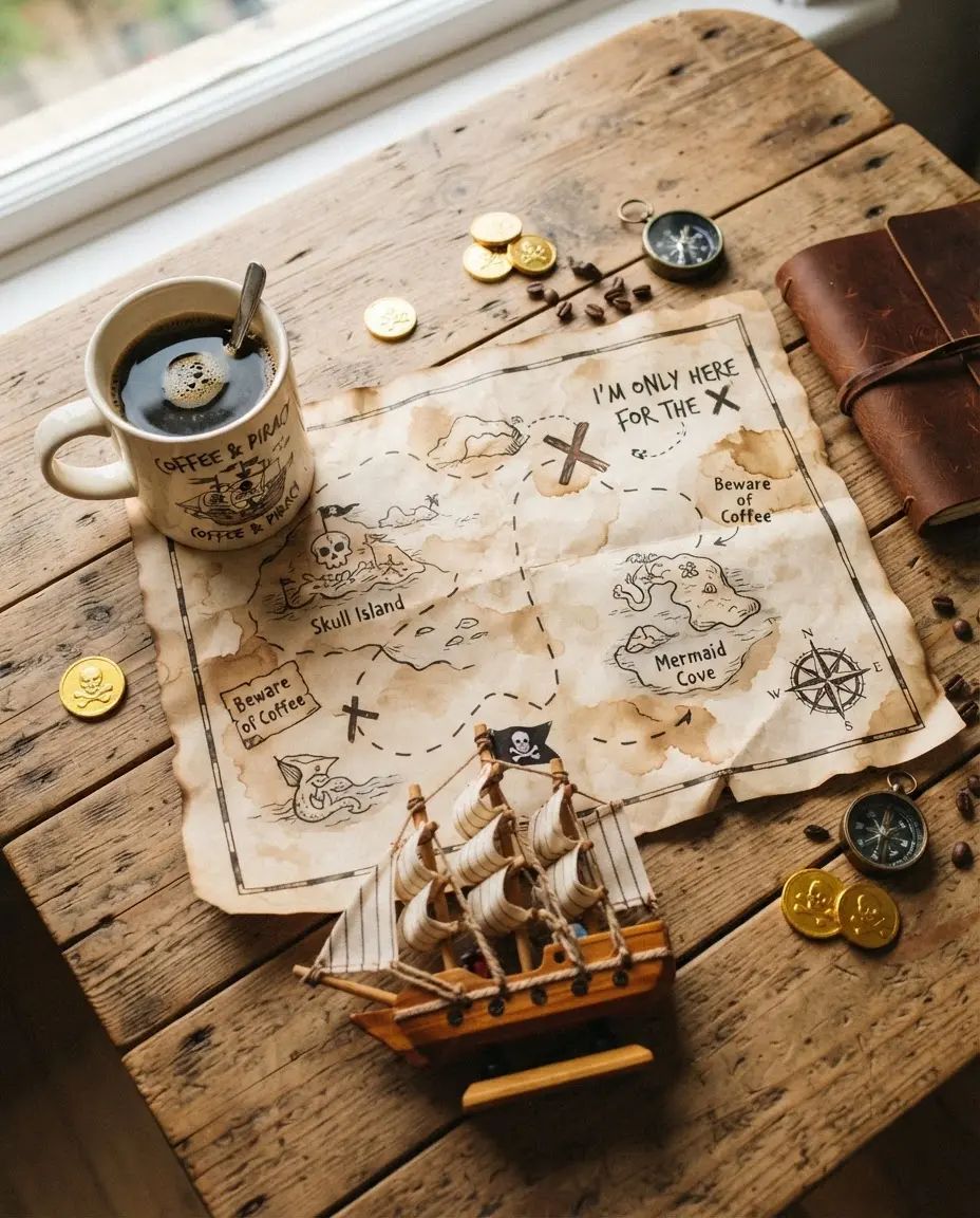 Playful flat-lay with treasure map, coffee mug, and toy ship for funny pirate quotes