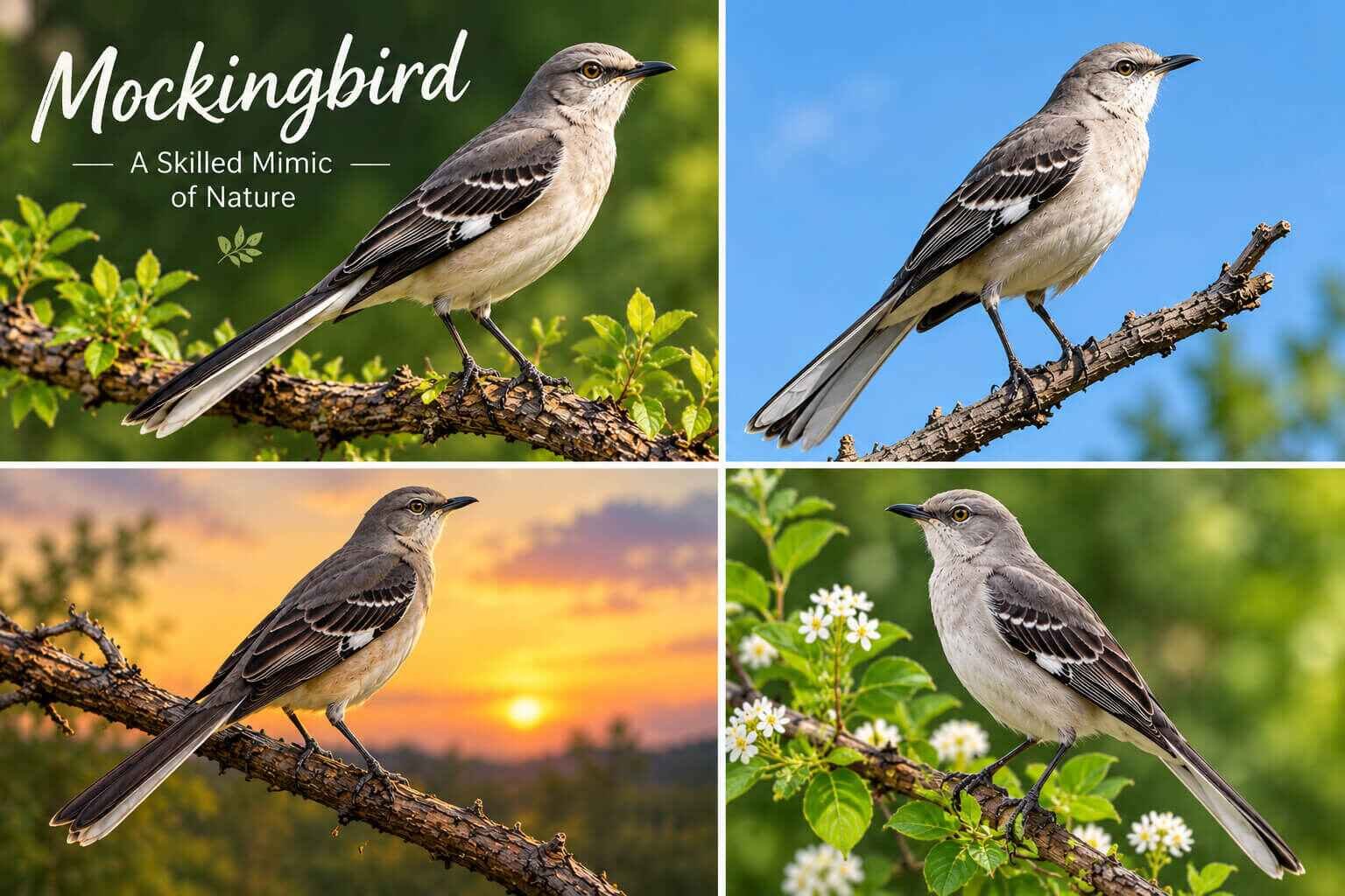 Illustration of a mockingbird perched on a branch". Make or license it yourself.