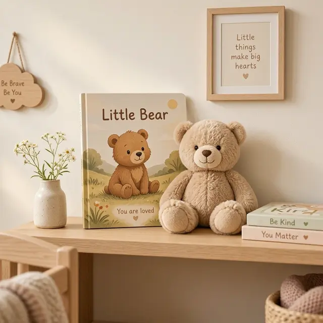 Nursery shelf with a children's board book and a soft toy"
