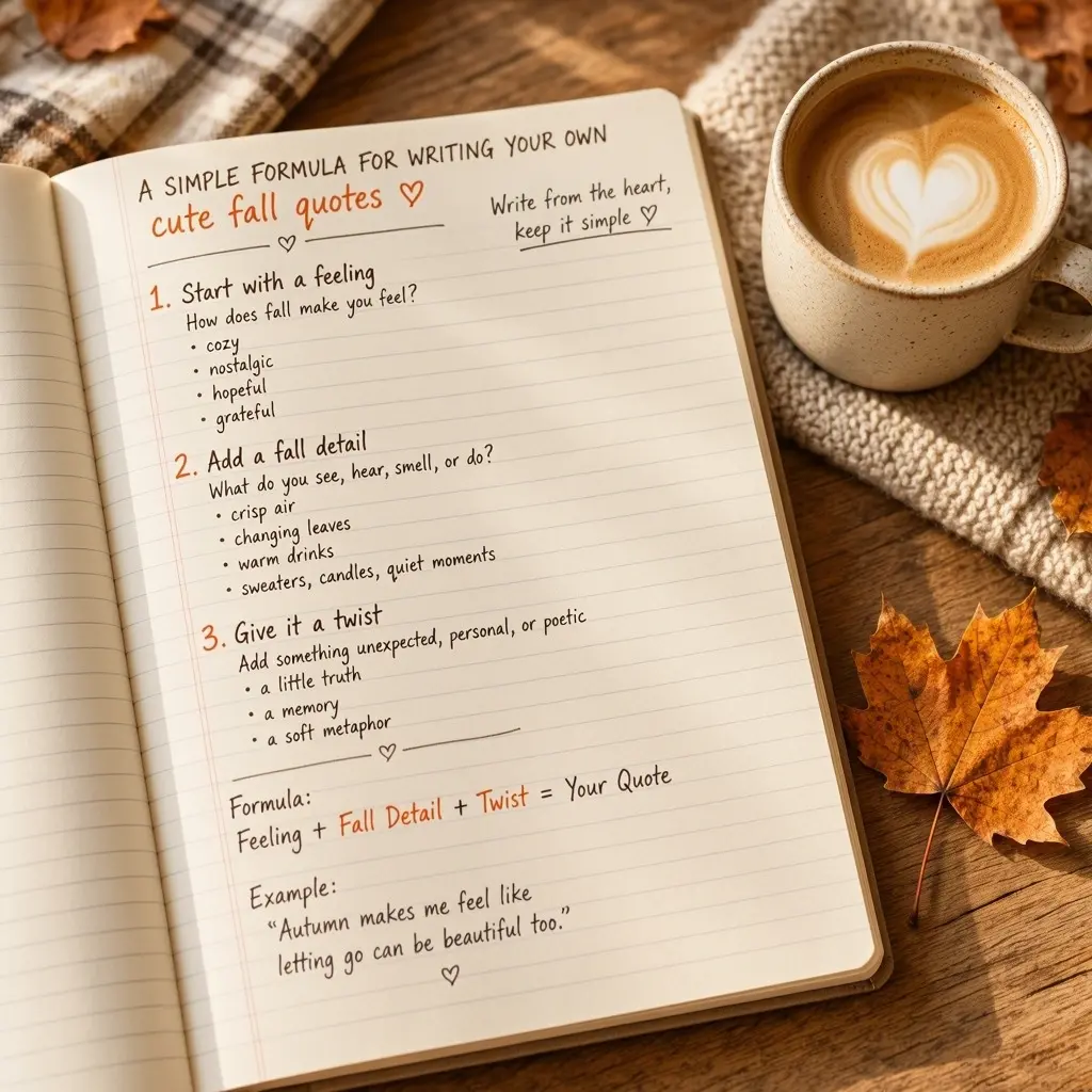Notebook showing a detail, feeling and twist formula for writing your own cute fall quotes, n