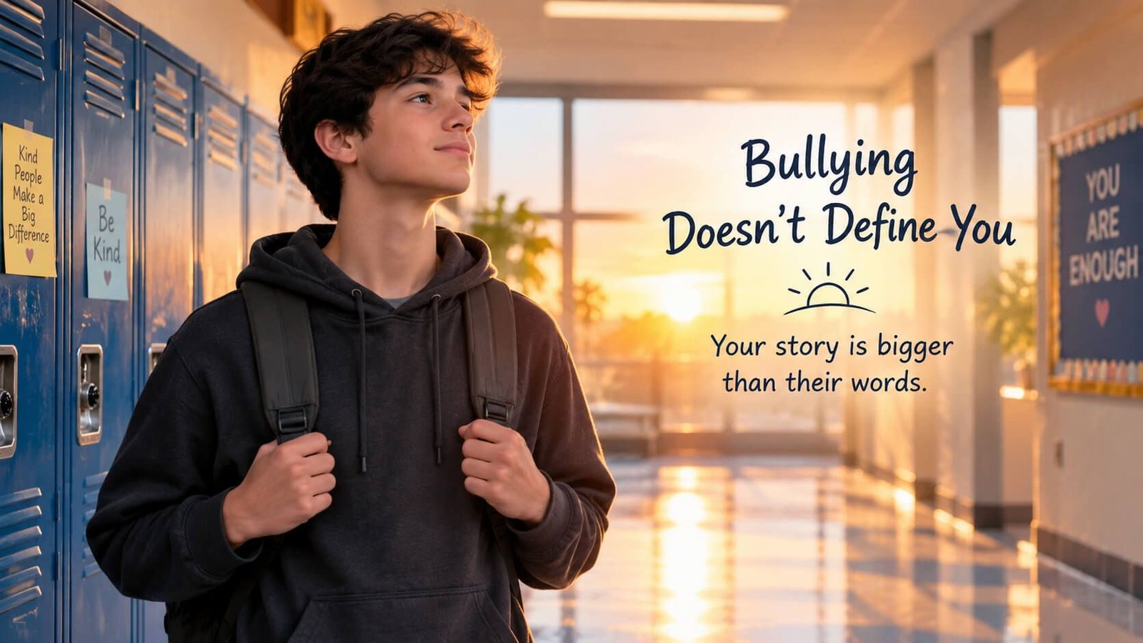 Teen standing tall in a school hallway with a soft sunrise glow, representing hopeful bullying quotes