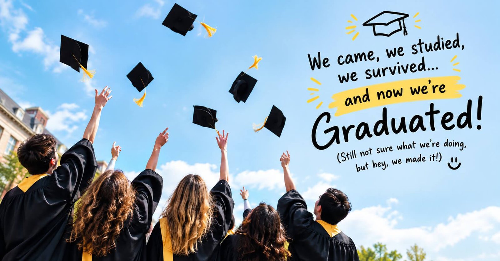 "Graduates tossing caps in the air with a funny graduation quotes text overlay."