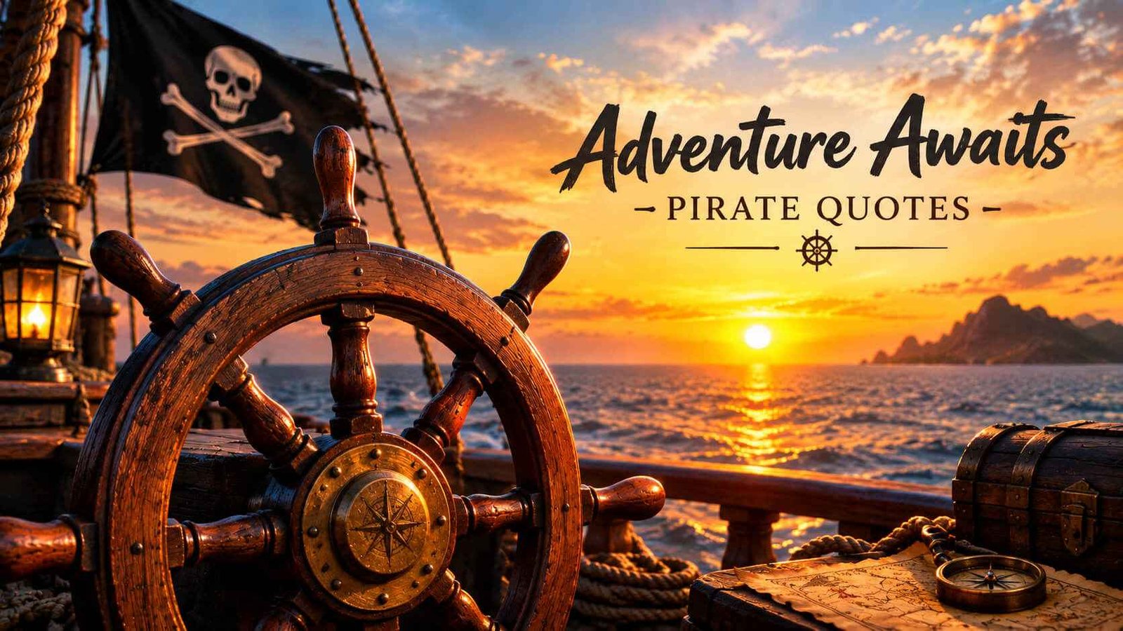 Wooden ship's wheel at sunset representing adventurous pirate quotes