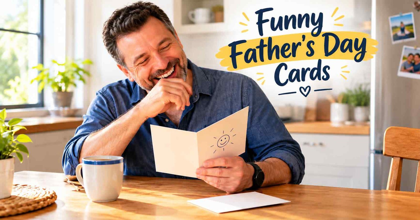 Dad laughing while reading a funny Father's Day card at the kitchen table