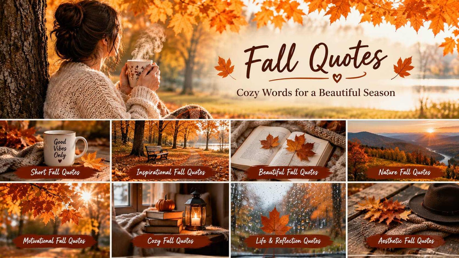 Fall quotes collage with cozy autumn scenes, a woman holding a warm mug, orange leaves, and inspirational fall quote themes