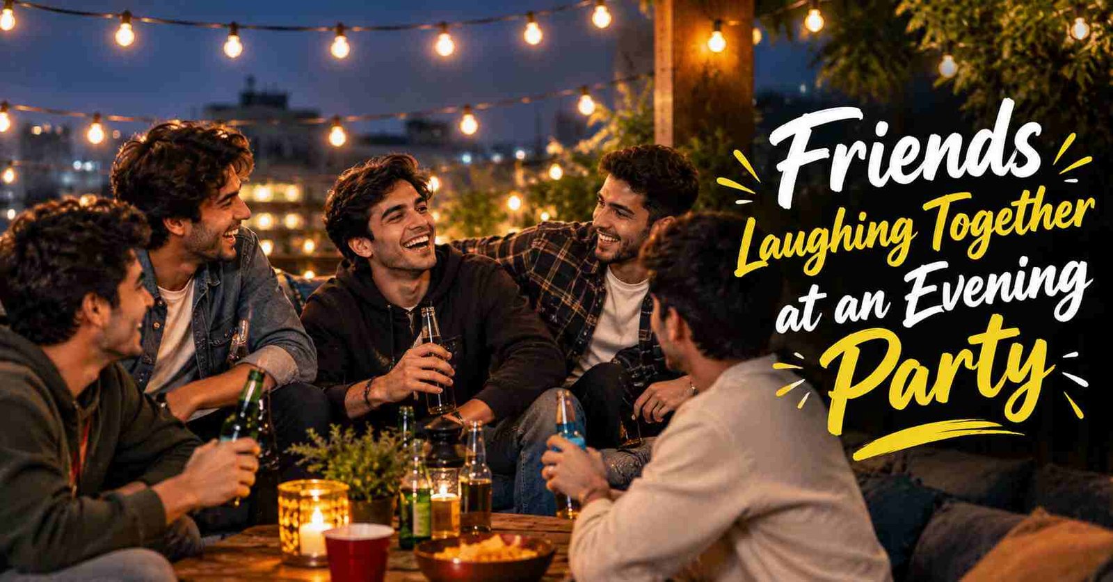 Friends laughing together at an evening party with string lights