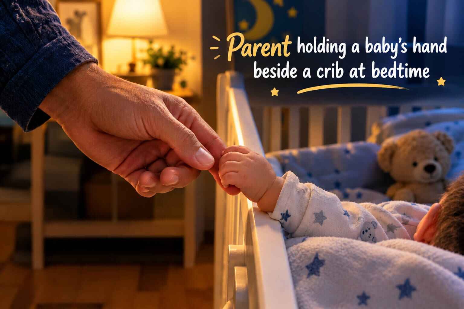"Parent holding a baby's hand beside a crib at bedtime"